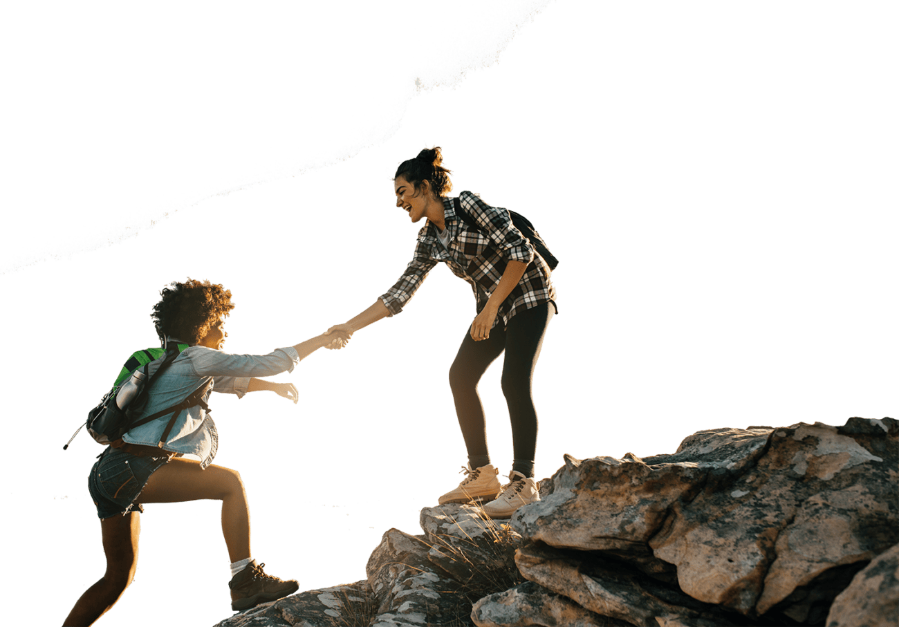 Two hikers helping each other climb a rocky mountain, symbolizing mental health support, personal growth, and resilience.