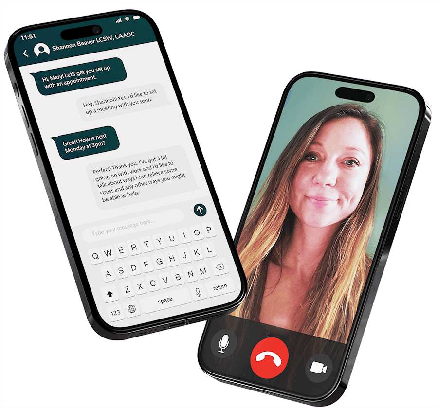 Mobile phone screens showing a video call and chat conversation with a licensed therapist, representing easy online appointment booking at Mount North.